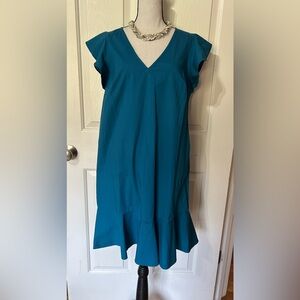 J Crew Mercantile 0j5422 Flutter Sleeve Tank Dress Teal Ruffle Tank V Neck Sz6